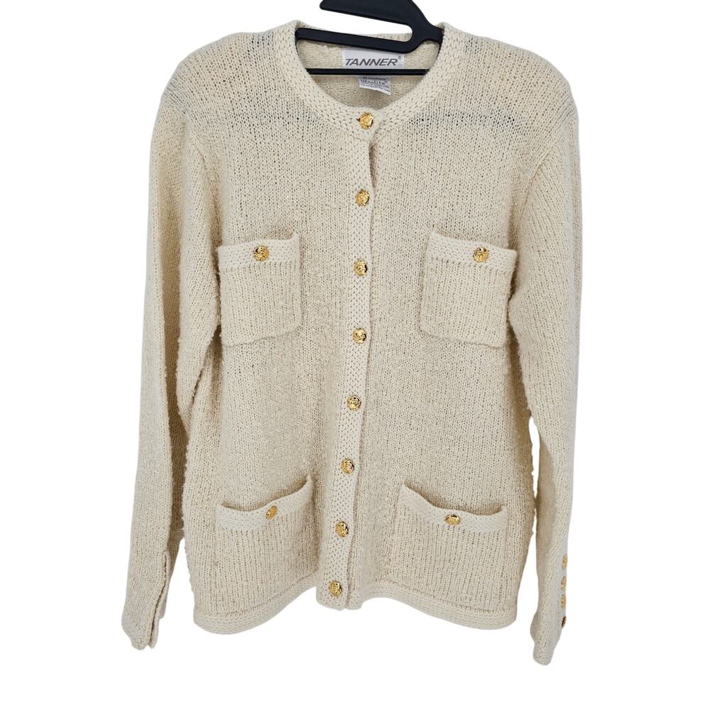 Vintage Tanner Cream Knit Gold Button Front Cardigan Sweater Old Money Preppy M